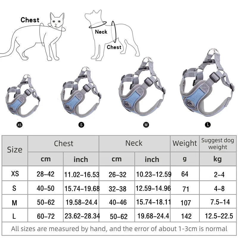 Pawlenza pet harness size chart with XS to L options, dog and cat chest and neck measurement guide.
