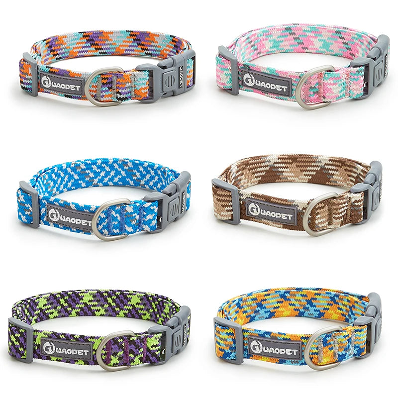 Colorful patterned dog collars with metal buckles displayed in rows, Pawlenza pet accessories