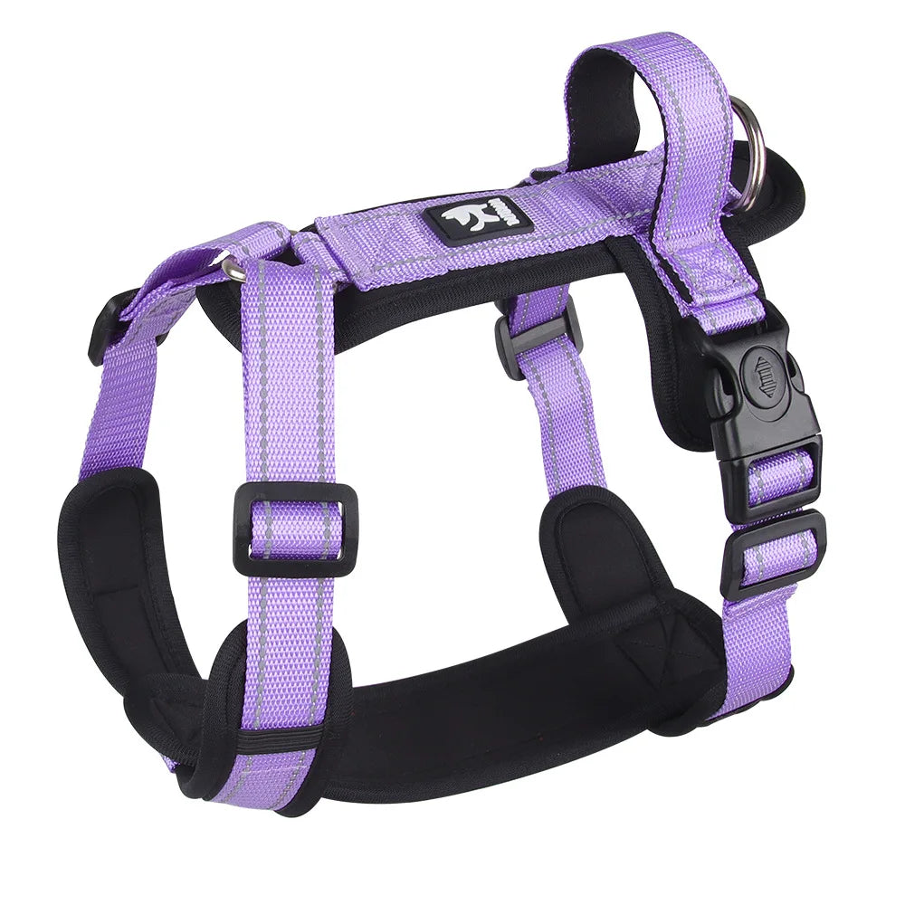 Purple adjustable dog harness with black buckles and handle, Pawlenza pet accessory