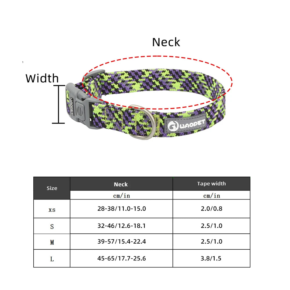 Adjustable Pawlenza dog collar size chart with green and purple pattern and measurement guide.