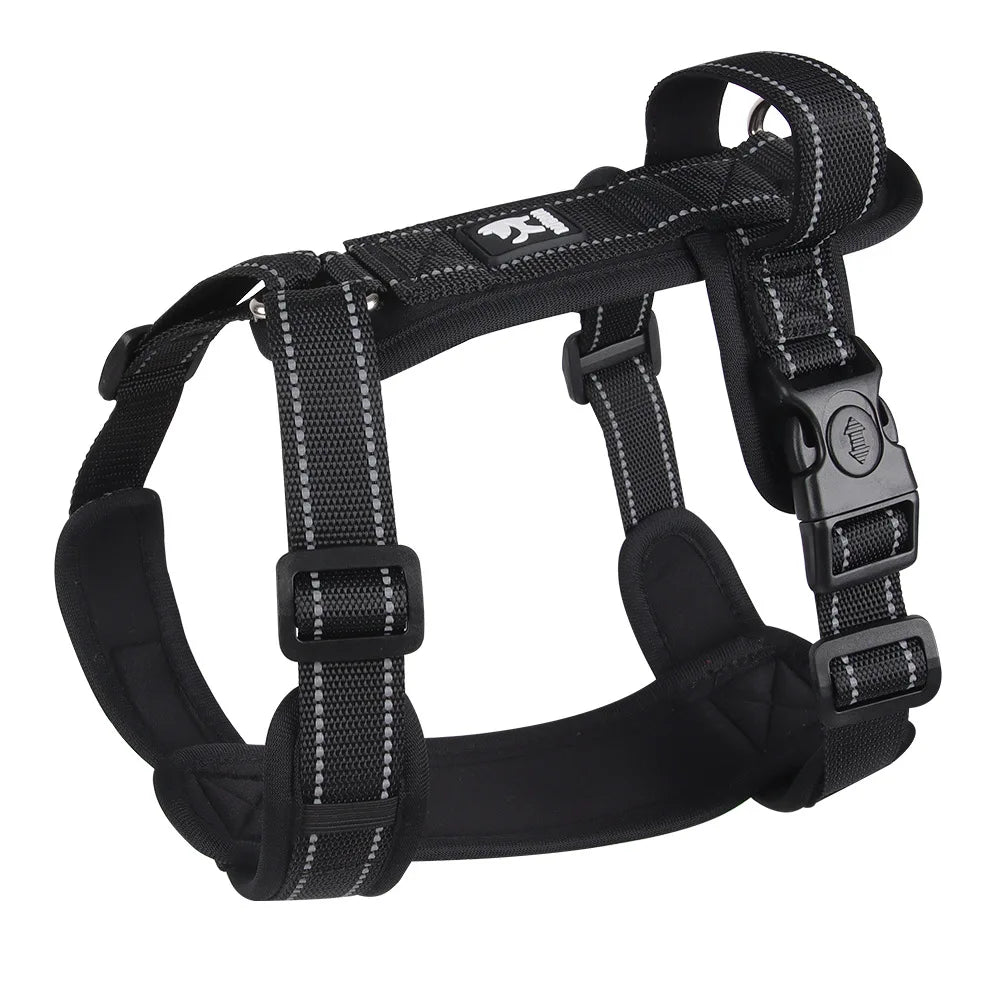 Black adjustable dog harness with reflective stitching, Pawlenza pet accessory