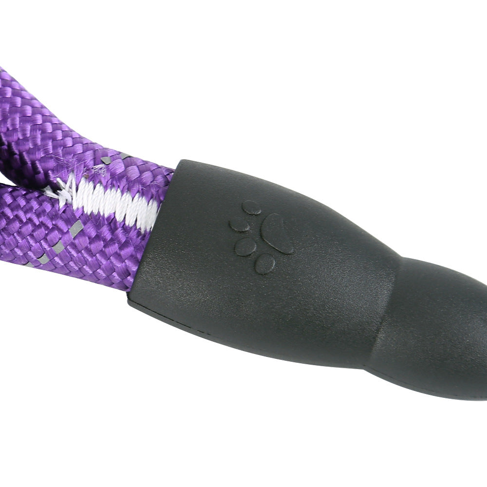 Purple braided pet leash with black connector and paw print, Pawlenza accessory