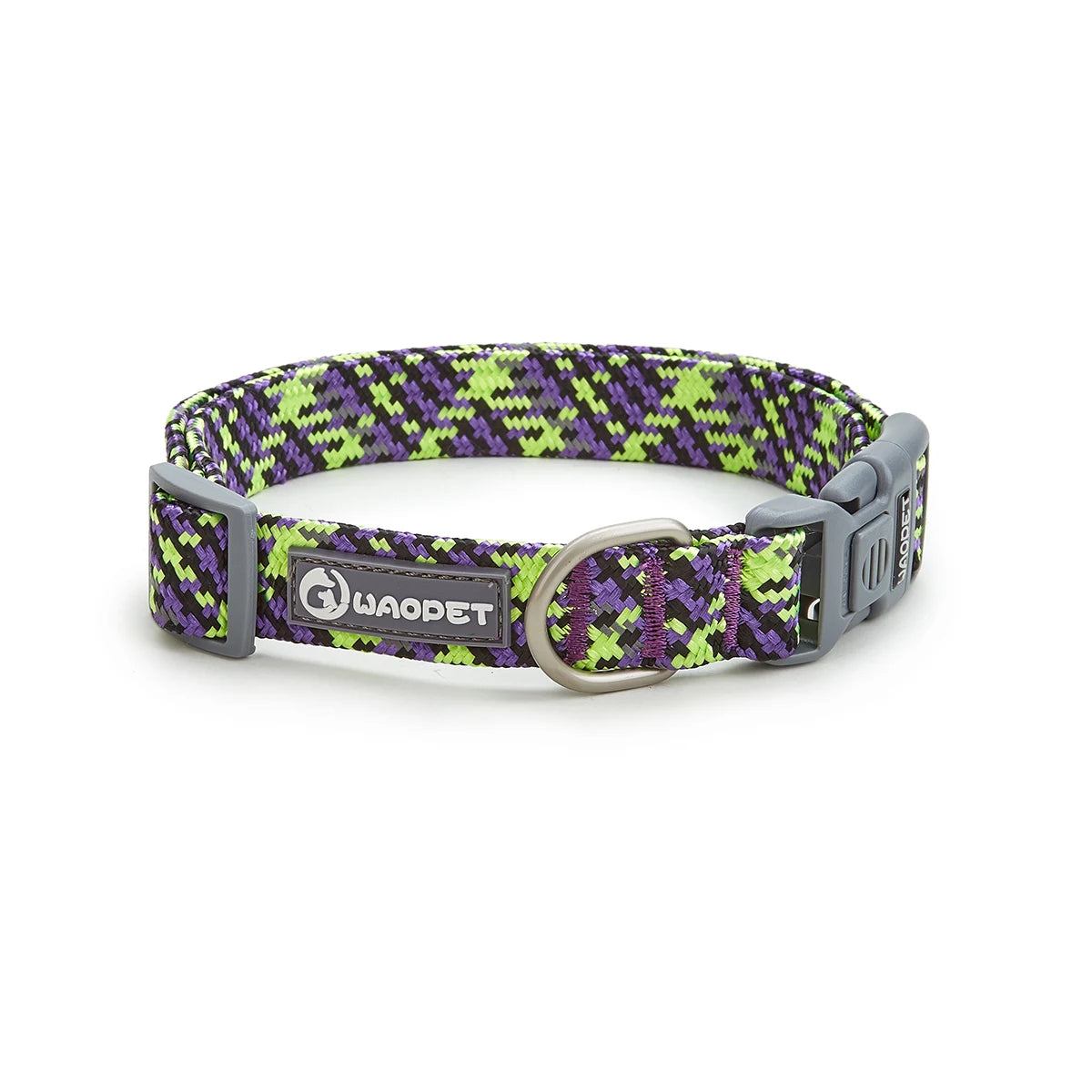 Waopet adjustable dog collar with purple and green woven pattern on white background