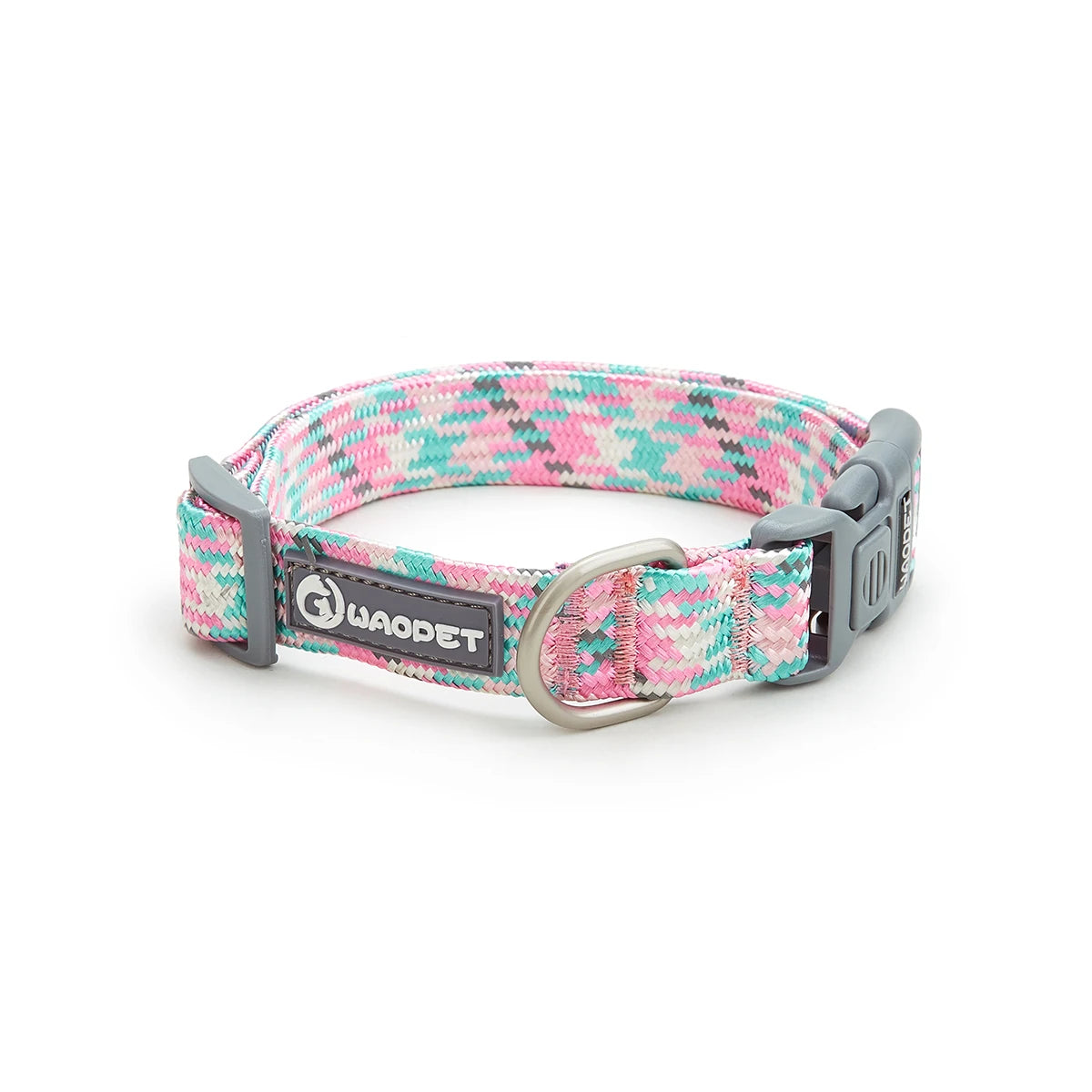 Pink and teal braided dog collar with metal D-ring and plastic buckle on white background