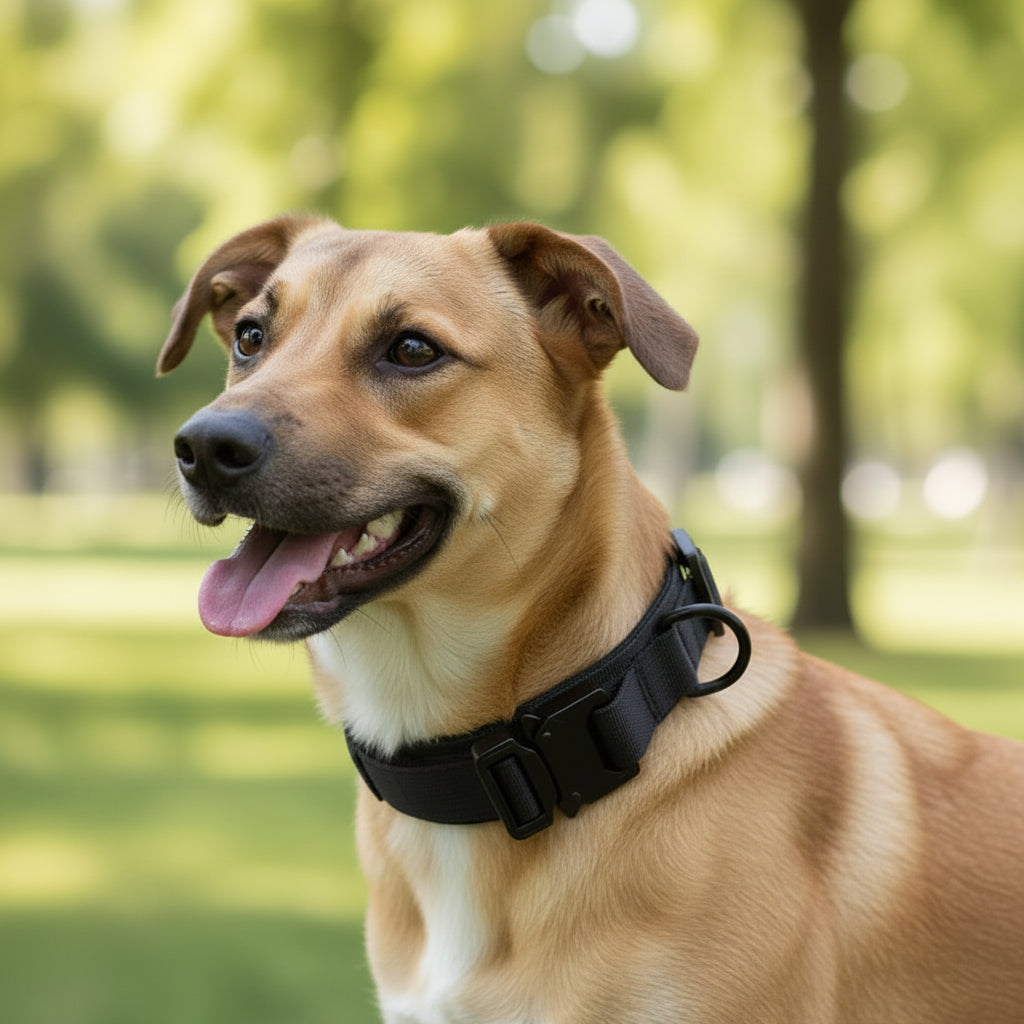 Happy brown dog wearing a black collar outdoors in a sunny park, Pawlenza pet accessories.