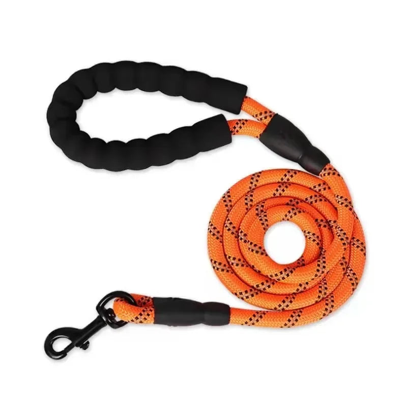 Orange rope dog leash with padded black handle and metal clip, Pawlenza pet accessory