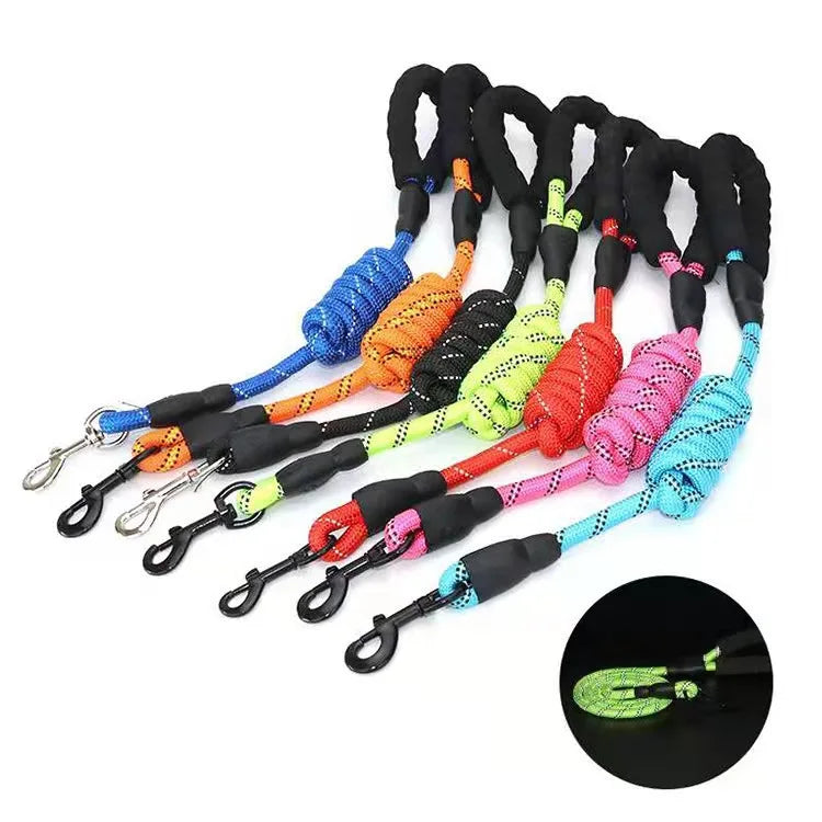 Assorted colorful reflective dog leashes with padded handles from Pawlenza on white background