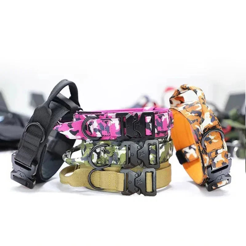 Assorted Pawlenza dog collars in black, pink, green camo, tan, and orange camo designs