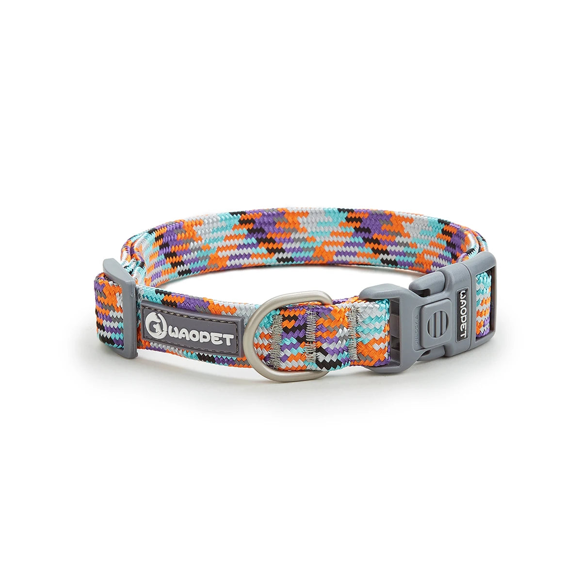 Colorful woven dog collar with geometric pattern and gray buckle, Pawlenza pet accessory