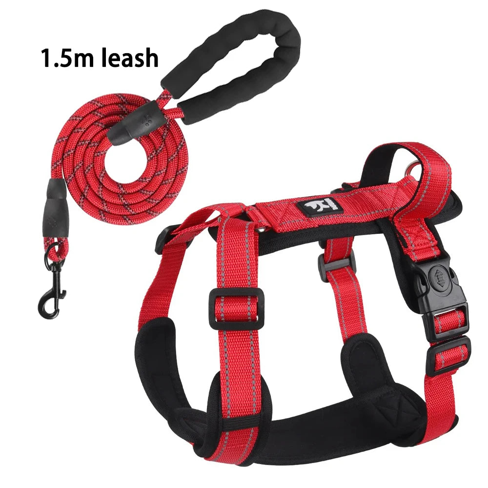 Red dog harness with matching 1.5m leash from Pawlenza, padded handle and buckle.