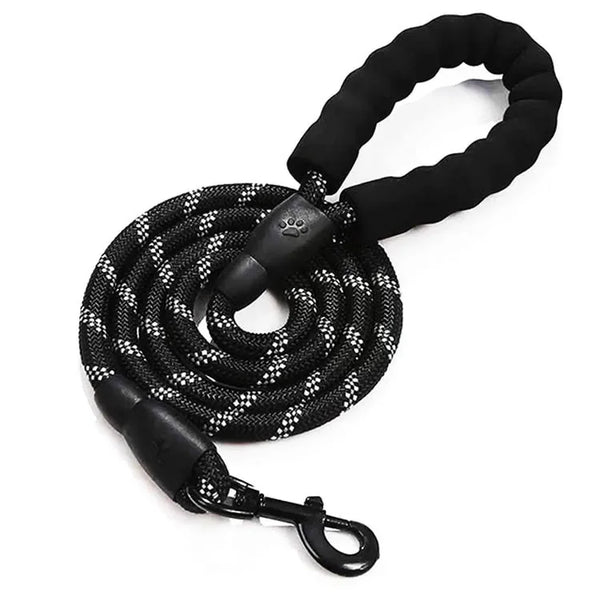 Black Pawlenza dog leash with padded handle and reflective details on white background