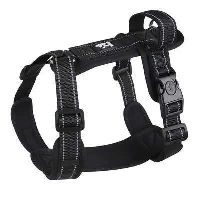 Black adjustable dog harness with reflective stitching, Pawlenza pet accessory