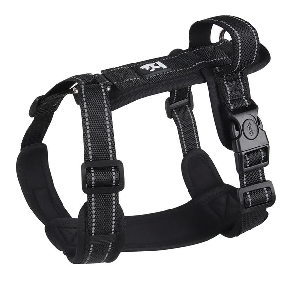 Black adjustable dog harness with reflective stitching, Pawlenza pet accessory