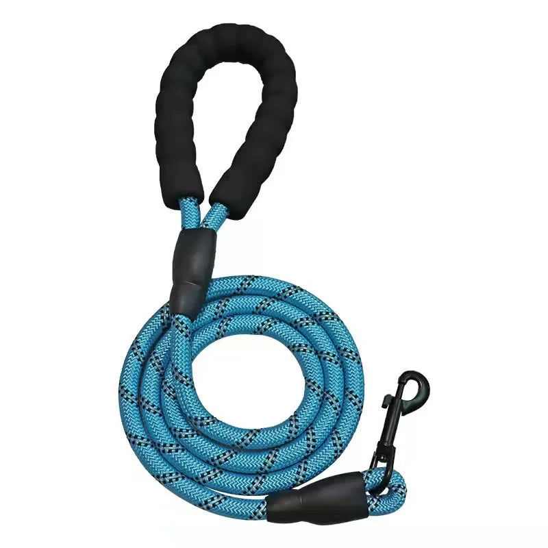 Blue Pawlenza dog leash with padded handle and black clip, coiled on white background
