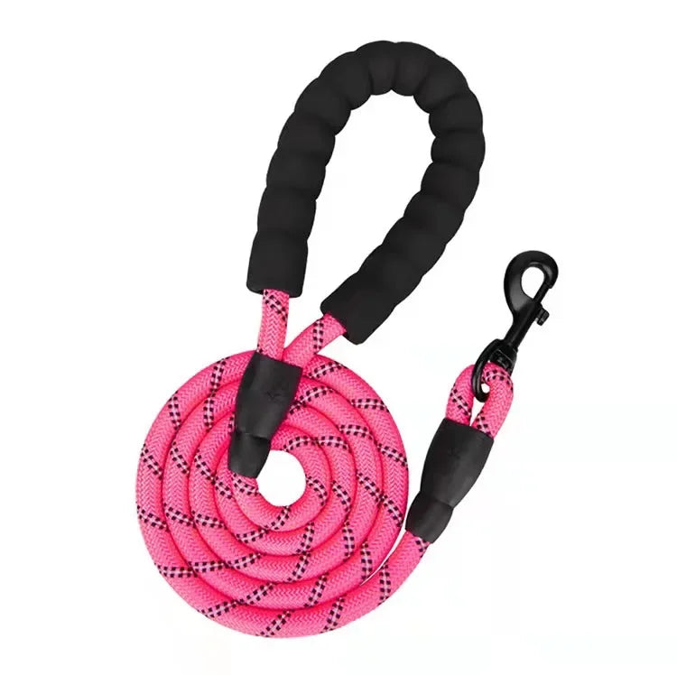 Pink rope dog leash with padded black handle and metal clip from Pawlenza