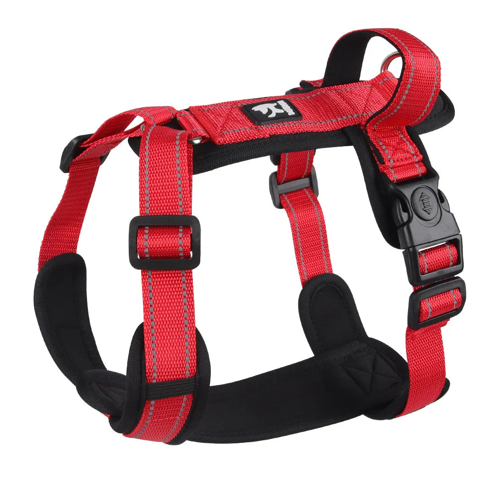 Red adjustable dog harness with black padding, Pawlenza pet accessory on white background