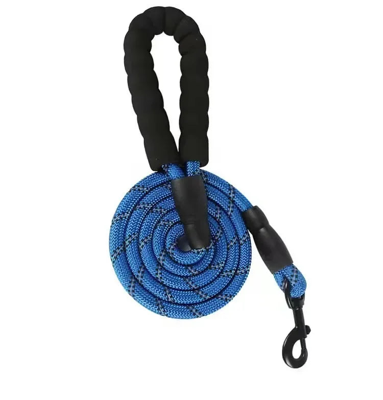 Blue Pawlenza dog leash with padded handle and strong metal clip on white background