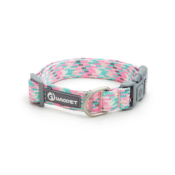 Pink and teal braided dog collar with metal D-ring and plastic buckle on white background