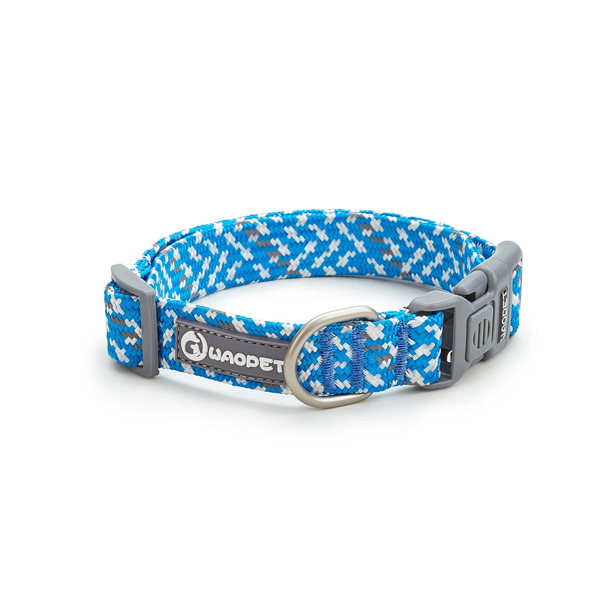 Blue patterned adjustable dog collar with WAOPET tag and metal ring, Pawlenza pet accessory