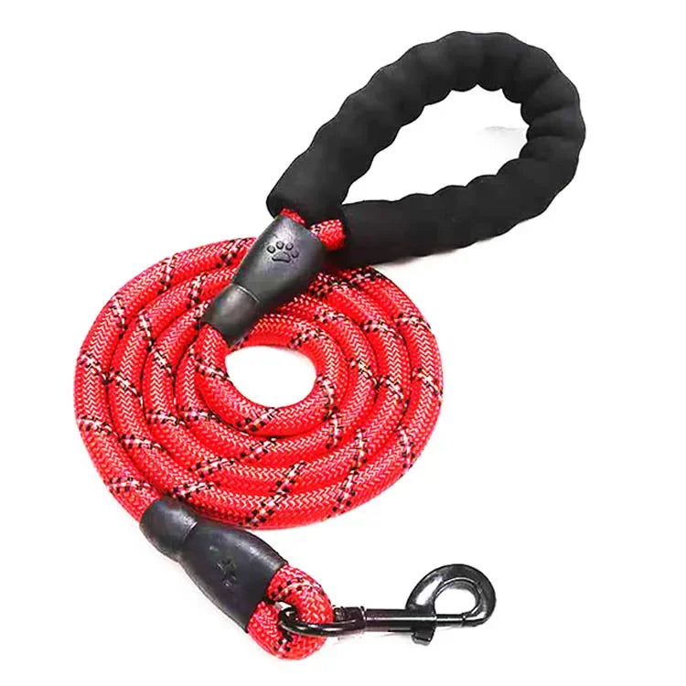 Red Pawlenza dog leash with padded handle and black clip, coiled on white background