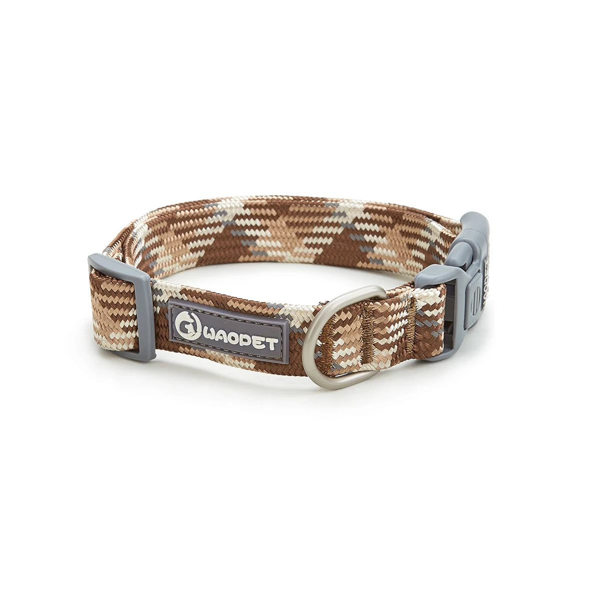 Brown patterned adjustable dog collar with metal buckle and WAODET label on white background