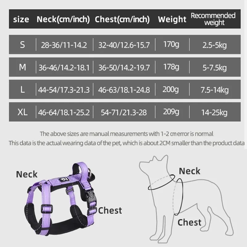 Dog harness size chart with neck and chest measurements, weight guide, and a purple harness from Pawlenza.