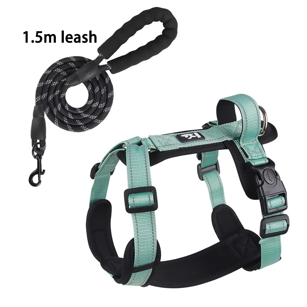 Adjustable teal dog harness with 1.5m black leash, Pawlenza pet accessories