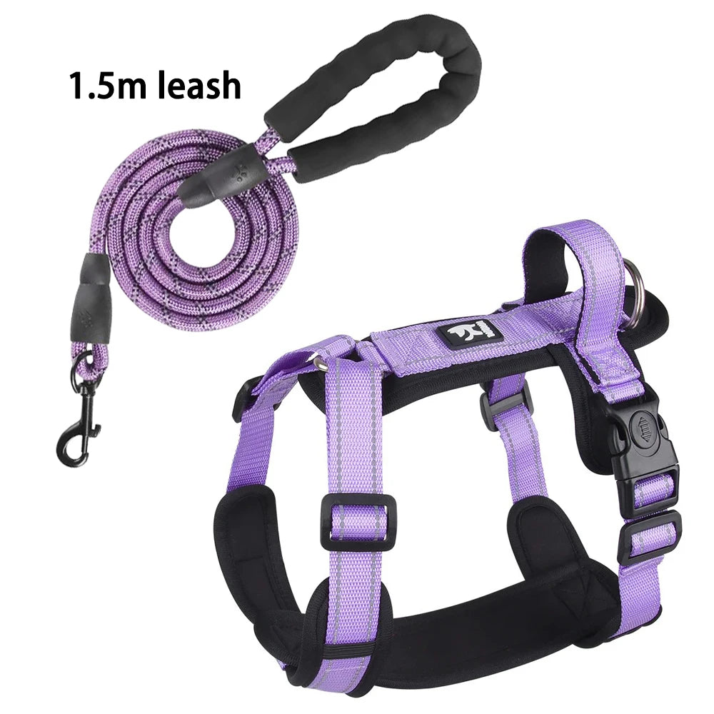 Purple dog harness and 1.5m leash set with padded handles from Pawlenza