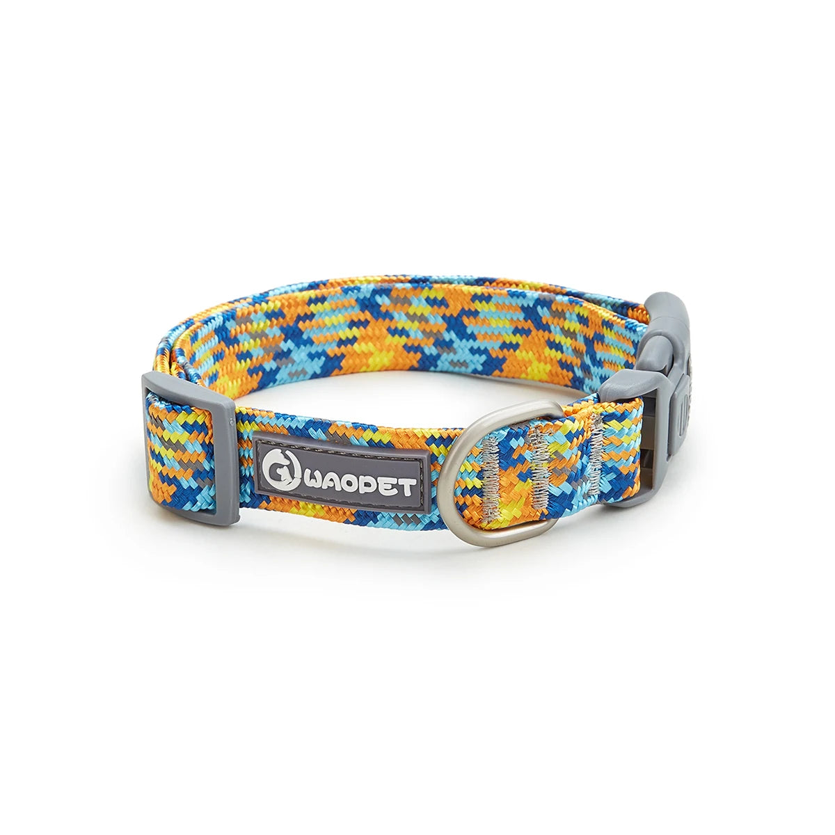 Colorful woven dog collar with WAODET logo, featuring blue and yellow geometric pattern